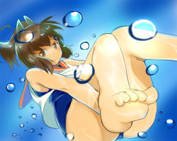10s 1girl air_bubble bad_feet bare_shoulders barefoot blush brown_eyes brown_hair bubble female_focus i-401_(kancolle) kantai_collection looking_at_viewer one-piece_swimsuit ponytail sailor_collar sch school_swimsuit school_uniform short_hair short_ponytail smile solo swimsuit swimsuit_under_clothes underwater