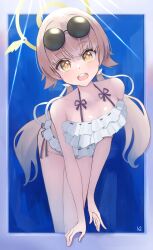 1girl bikini blue_archive eyewear_on_head frilled_bikini frills hair_ornament halo hifumi_(blue_archive) hifumi_(swimsuit)_(blue_archive) highres light_brown_hair looking_at_viewer low_twintails off-shoulder_bikini off_shoulder official_alternate_costume outside_border ribbon-trimmed_bikini ribbon-trimmed_swimsuit ribbon_trim round_eyewear side-tie_bikini_bottom smile solo sunglasses swimsuit teeth twintails upper_teeth_only van_epi white_bikini wing_hair_ornament winged_halo yellow_halo