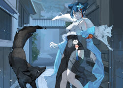 Rule 34 | absurdres, black dress, blue flower, blue hair, breasts, commission, detached sleeves, double bun, dress, facial mark, flower, fox, grey eyes, hair bun, hair flower, hair ornament, highres, ori dal, original, outdoors, road, shirt, single strap, small breasts, thick eyebrows, white shirt, wide sleeves