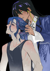 1boy 1girl areola_slip black_background black_hair blue_hair blush dark-skinned_female dark_skin glaring grabbing_another&#039;s_hair gundam gundam_gquuuuuux half-closed_eyes highres jacket long_hair long_sleeves nipples nomaumona nyaan_(gundam_gquuuuuux) open_mouth red_eyes school_uniform shirt short_hair shuji_ito sleeveless sweatdrop tank_top upper_body wireless_earphones yellow_eyes