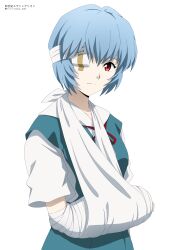 1girl absurdres aqua_dress arm_sling ayanami_rei bandaged_head bandages bandaid blue_hair breasts broken_arm dress emily0103 eyepatch highres injury looking_at_viewer medium_breasts neon_genesis_evangelion pinafore_dress red_eyes school_uniform shirt short_hair short_sleeves simple_background sleeveless sleeveless_dress solo white_background white_shirt