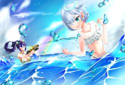 2girls amemiya_nazuna angel animal_ears bikini blue_eyes blue_hair blue_sky breasts cat_ears cleavage cloud commentary criss-cross_halter cyberpunk english_commentary fake_animal_ears fang frilled_bikini frills halo halterneck heterochromia highres kson kson_(swimsuit) large_breasts long_hair multicolored_bikini multicolored_hair multiple_girls navel one_eye_closed open_mouth ponytail purple_hair ritsukichrilip9 short_hair skin_fang sky small_breasts souchou splashing streaked_hair swimsuit two-tone_bikini virtual_youtuber vshojo water water_gun white_bikini white_hair