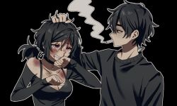 1boy 1girl andrew_graves arm_at_side ashley_graves bags_under_eyes bare_shoulders black_background black_choker black_hair black_shirt black_sweater blood blood_from_forehead bra_strap breasts brother_and_sister bruise bruise_on_face bruised_chest choker cigar cleavage clenched_teeth crying crying_with_eyes_open grabbing_another&#039;s_hair green_eyes hair_between_eyes hair_tie hands_up hashtag-only_commentary injury looking_at_another low_ponytail medium_breasts medium_hair mouth_hold nosebleed nupi_000 off-shoulder_shirt off_shoulder outline pink_eyes ponytail profile shirt short_hair siblings simple_background sleeves_past_wrists smoke sweater tag tears teeth the_coffin_of_andy_and_leyley white_outline