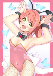 1girl alternate_hairstyle armpits blue_butterfly blush border breasts bug butterfly cleavage commentary highres insect leotard looking_at_viewer love_live! love_live!_nijigasaki_high_school_idol_club medium_breasts onpu_(ghkc2238) orange_hair pink_border playboy_bunny solo uehara_ayumu upper_body yellow_eyes