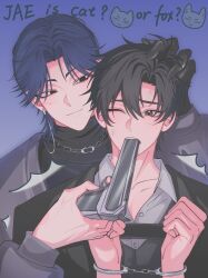 2boys black_eyes black_gloves black_hair black_jacket black_shirt blue_background blue_hair bound bound_wrists cheng_xiaoshi collared_shirt cuffs dirty dirty_face earrings english_text gloves grey_jacket grey_vest gun gun_in_mouth hand_on_another&#039;s_head handcuffs handgun highres holding holding_gun holding_weapon jacket jaelee jewelry long_sleeves longdan_purple looking_at_another looking_at_viewer male_focus multiple_boys necklace official_alternate_costume one_eye_closed parted_bangs revolver shiguang_dailiren shirt short_hair simple_background smile upper_body vest weapon white_shirt yaoi