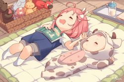 2girls ahoge animal_print baby_bottle basket blue_dress book bottle cow_print dress closed_eyes full_body grey_shorts hair_ornament hairclip highres hood kuri_(animejpholic) lying mat milk multiple_girls on_back onesie open_mouth original pink_hair shirt short_dress short_hair short_sleeves shorts shorts_under_dress siblings sisters sleeping socks stuffed_toy toy white_footwear white_shirt