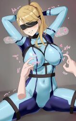 1girl 1other absurdres amayo_thranana arms_up black_blindfold blindfold blonde_hair blue_bodysuit blush bodysuit bound bound_wrists breasts clenched_teeth covered_navel disembodied_hand hands_on_own_head high_ponytail highres large_breasts long_hair metroid mole mole_under_mouth nintendo nipple_stimulation paid_reward_available ponytail rope samus_aran shibari shibari_over_clothes sitting spread_legs teeth tickling trembling two-tone_bodysuit zero_suit