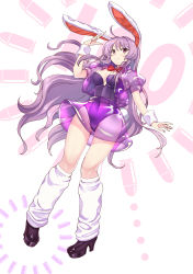 1girl absurdres animal_ears bow bowtie breasts bullet_print cleavage closed_mouth commentary_request covered_navel detached_collar finger_gun full_body hataraki_kuma high_heels highres jacket leg_warmers legs leotard long_hair medium_breasts miniskirt moon_rabbit playboy_bunny puffy_short_sleeves puffy_sleeves purple_footwear purple_hair purple_jacket purple_legwear purple_skirt rabbit_ears rabbit_girl rabbit_tail red_bow red_bowtie red_eyes reisen_udongein_inaba see-through_clothes see-through_jacket see-through_skirt short_sleeves simple_background skirt smile strapless strapless_leotard tail thighs touhou very_long_hair white_background white_leg_warmers white_legwear wrist_cuffs