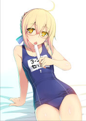 1girl ahoge arm_support artoria_pendragon_(fate) blonde_hair blue_one-piece_swimsuit braid braided_bun breasts fate/grand_order fate_(series) food glasses hair_bun looking_at_viewer mysterious_heroine_x_alter_(fate) name_tag namonashi one-piece_swimsuit open_mouth popsicle reclining ringed_eyes school_swimsuit small_breasts solo swimsuit tongue tongue_out white_background yellow_eyes