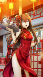 1girl :o architecture archived_source braid breasts brown_hair bun_cover china_dress chinese_clothes covered_navel cowboy_shot cup double_bun dress east_asian_architecture flower game_cg grey_eyes hair_between_eyes hair_bun hair_flower hair_ornament highres holding holding_tray huke lantern lattice long_hair looking_at_viewer makise_kurisu medium_breasts official_alternate_costume official_art open_mouth qinghua_(porcelain) red_dress restaurant side_slit solo standing steins;gate sweatdrop tea teacup teapot teeth third-party_source tray upper_teeth_only