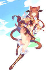 1girl animal_ears belt black_wings boots breasts brown_boots brown_dress brown_hair cape cat_ears cat_girl closed_mouth cloud commentary commission creator_(ragnarok_online) demon_wings dress english_commentary euree full_body fur-trimmed_boots fur_trim gloves head_wings holding holding_vial long_hair looking_at_viewer medium_breasts navel plunging_neckline potion ragnarok_online short_dress sky smile solo strapless strapless_dress vial white_gloves wings yellow_belt yellow_cape yellow_eyes