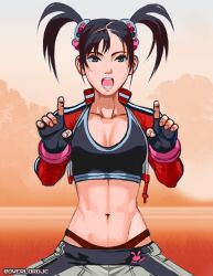 :o artist_name black_gloves breasts cleavage cropped_jacket gloves jacket ling_xiaoyu open_clothes open_jacket open_mouth overlord_jc pants partially_fingerless_gloves side_ponytail tekken tekken_4 track_pants twintails twitter_username underwear white_pants