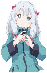 1girl blue_eyes bow closed_mouth embarrassed eromanga_sensei green_jacket hair_bow ixy izumi_sagiri jacket long_hair long_sleeves pink_bow simple_background wavy_mouth white_background