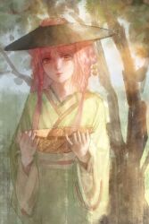 Rule 34 | 1girl, absurdres, basket, bow-shaped hair, braid, brown eyes, brown hat, bush, chinese clothes, chinese commentary, closed mouth, commentary request, cowboy shot, day, food, fruit, green hanfu, hair ornament, hair through headwear, hairpin, hanfu, hat, highres, holding, holding basket, lipstick, long hair, long sleeves, makeup, mandarin orange, nikki (nikki), nikki (series), outdoors, pink hair, pink lips, sea0, shining nikki, side braids, smile, solo, standing, tree, tri buns, twin braids, weimao, wide sleeves