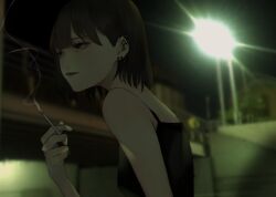 Rule 34 | 1girl, absurdres, aegyo sal, barbell piercing, bare shoulders, black dress, black eyes, black hair, blurry, blurry background, bob cut, bridge, building, cigarette, cityscape, commentary request, dress, ear piercing, earrings, eyelashes, from side, highres, holding, holding cigarette, jewelry, lamppost, lipstick, makeup, mano aaa, night, original, outdoors, photo background, piercing, red lips, short hair, smoke, smoke trail, smoking, solo, upper body