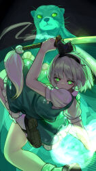 2girls absurdres black_hairband brown_shoes closed_mouth collared_shirt commentary_request foot_out_of_frame frilled_skirt frills green_eyes green_skirt green_vest grey_hair hairband highres hitodama_print holding holding_sword holding_weapon konpaku_youmu konpaku_youmu_(ghost) kourou_(kouroukun) looking_at_viewer multiple_girls otter_spirit_(touhou) print_skirt shirt shoes short_hair short_sleeves skirt skirt_set socks solo sword touhou vest weapon white_shirt white_socks