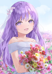 1girl :d absurdres alternate_costume angel_beats! bare_shoulders blue_sky blush bouquet bridal_veil bride commentary_request cosmos_(flower) day dress eyelashes field flower flower_field garden hair_flower hair_ornament happy heaven_burns_red highres holding holding_bouquet irie_miyuki key_(company) long_hair looking_at_viewer off-shoulder_dress off_shoulder open_mouth outdoors pink_flower purple_eyes purple_hair red_flower sky smile solo tsumugi-t upper_body veil wedding_dress white_dress white_flower yellow_flower