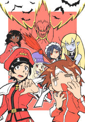 akuma_(street_fighter) bat_(animal) black_hair blonde_hair blue_skin broom brown_hair capcom_fighting_jam colored_skin crying dark-skinned_female dark_skin darkstalkers demitri_maximoff genderswap genderswap_(mtf) hat headband highres ingrid_(capcom) jacket jedah_dohma jewelry kasugano_sakura long_hair m._bison maid maid_headdress midnight_bliss necklace red_eyes ryu_(street_fighter) shoulder_pads skull_necklace spdcooler street_fighter sweatdrop tank_top tongue tongue_out track_jacket white_hair white_headband