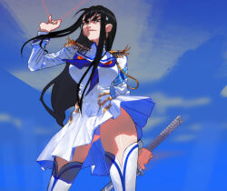 Rule 34 | 1girl, arm behind back, armband, bakuzan, black eyes, black hair, blue armband, blue boots, blue serafuku, blue sky, boots, breasts, closed mouth, clothes lift, cloud, collared shirt, commentary, covered navel, cowboy shot, english commentary, epaulettes, floating hair, from below, gluteal fold, gold trim, haebermani, hair ornament, hairclip, hand up, high heel boots, high heels, highres, holding, holding sword, holding weapon, junketsu, kill la kill, kiryuuin satsuki, large breasts, life fiber, light frown, long hair, long sidelocks, long sleeves, looking at viewer, military uniform, multicolored boots, panties, pantyshot, pleated skirt, pointed bangs, school uniform, serafuku, shiny clothes, shiny legwear, shiny skin, shirt, sidelocks, skindentation, skirt, skirt lift, sky, sleeves pushed up, solo, sword, thick eyebrows, thigh boots, thighs, thread, two-tone boots, underwear, v-bangs, weapon, white boots, white panties, white shirt, white skirt, wrinkled fabric