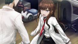 1boy 1girl angry beard_stubble belt black_hair black_pantyhose black_shorts blush breast_pocket breasts brown_hair brown_pants clenched_hands coat collared_shirt eyelashes facial_hair floating_neckwear from_behind game_cg hair_between_eyes hair_over_shoulder hand_on_own_hip height_difference highres huke lab_coat lapels leather_belt long_hair long_sleeves looking_at_another makise_kurisu messy_hair necktie non-web_source notched_lapels official_art okabe_rintarou outstretched_arms pants pantyhose pocket purple_eyes purple_trim red_necktie ringed_eyes shirt shorts shouting sleeves_past_wrists small_breasts square_pupils standing steins;gate steins;gate:_my_darling&#039;s_embrace stubble teeth tongue upper_teeth_only v-shaped_eyebrows white_belt white_coat white_shirt