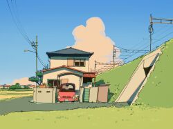 Rule 34 | alariko, blue sky, car, grass, highres, house, motor vehicle, no humans, original, overhead line, power lines, road, sky, tunnel, utility pole, window