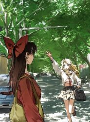 2girls aihara-rina alternate_costume bag black_skirt blonde_hair braid brown_hair brown_shoes car from_behind hakurei_reimu highres holding holding_bag kirisame_marisa long_hair long_sleeves motor_vehicle multiple_girls open_mouth red_shirt road school_bag school_uniform serafuku shirt shoes skirt smile socks street touhou tree waving white_shirt white_socks yellow_eyes