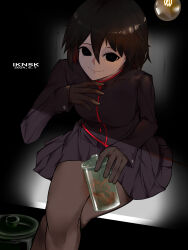 1girl androgynous artist_name back_hair black_eyes black_gloves black_jacket black_skirt bob_cut breasts brown_pantyhose closed_mouth colored_inner_hair commentary dark dated empty_eyes feet_out_of_frame gakuran gloves hair_between_eyes hand_up heart_(organ) highres holding holding_jar iknsk jacket jar light_bulb looking_at_viewer looking_up medium_breasts monogatari_(series) multicolored_hair on_bench oshino_ougi pantyhose pleated_skirt red_hair red_trim school_uniform short_hair sitting skirt smile solo spotlight