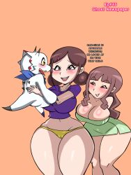 anna_(digimon_ghost_game) bimbofication blush breasts brown_hair digimon digimon_(creature) digimon_ghost_game gammamon large_breasts long_hair looking_at_another pink_eyes triceratops tsukiyono_ruli
