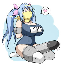 10s 1girl arms_behind_back bdsm between_legs blue_hair blush_stickers bondage bound bound_arms bound_legs breasts cleavage cloth_gag female_focus frogtie gag gagged hair_ribbon heart highres huge_breasts i-19_(kancolle) improvised_gag jam-orbital kantai_collection long_hair one-piece_swimsuit over_the_nose_gag phallic_symbol pink_eyes ribbon school_swimsuit solo spoken_heart swimsuit tape tape_bondage tape_gag taped_hands thighhighs torpedo twintails
