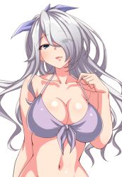 Rule 34 | 1girl, bikini, blue eyes, blush, bow, breasts, cinderella series, cleavage, collarbone, cowboy shot, eyes visible through hair, garukichi, hachigatsu no cinderella nine, hair bow, hair over one eye, halterneck, high ponytail, highres, kusakari rena, large breasts, long hair, looking at viewer, navel, one eye covered, open mouth, ponytail, purple bikini, purple bow, simple background, solo, straight-on, string bikini, swimsuit, white background, white hair