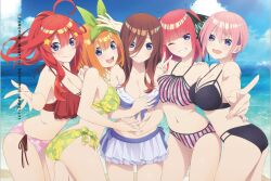 5girls absurdres ahoge bare_shoulders bikini bikini_skirt black_bikini blue_eyes blush bow breasts breasts_squeezed_together brown_hair butterfly_hair_ornament cleavage collarbone colored_skin dot_nose female_focus go-toubun_no_hanayome green_bikini green_bow hair_between_eyes hair_bow hair_ornament hand_on_another&#039;s_hip highres holding_hands japanese_text large_breasts legs long_hair looking_at_viewer midriff miniskirt multiple_girls nakano_ichika nakano_itsuki nakano_miku nakano_nino nakano_yotsuba navel official_art one_eye_closed open_mouth orange_hair peace peace_symbol pink_hair ponytail purple_bikini quintuplets red_bikini red_hair short_hair siblings sisters skirt sleeveless smile star_(symbol) star_hair_ornament stomach swimsuit swimsuit_skirt teeth thighs v white_bikini white_skin