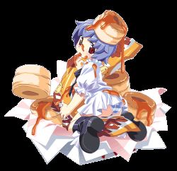 00s 1girl bisuke-tan blue_hair blue_panties boots female_focus full_body kfc kneeling lowres netrunmon object_on_head panties red_eyes short_hair skirt solo striped_clothes striped_panties syrup transparent_background underwear watanabe_akio