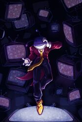 1boy absurdres ant_tenna arm_up artist_name belt_buckle black_pants buckle commentary crt deltarune english_commentary full_body gloves hand_on_own_head hand_up here1snyan highres male_focus necktie object_head pants shirt shoes solo static tailcoat white_gloves white_shirt yellow_necktie yellow_shoes