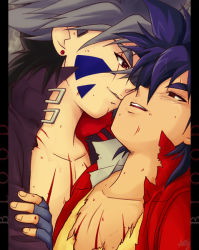 00s 2boys beyblade blue_eyes fingerless_gloves glay gloves grey_hair hiwatari_kai injury male_focus multicolored_hair multiple_boys open_clothes open_shirt red_eyes red_shirt shirt torn_clothes two-tone_hair tyson_granger yaoi