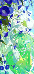 1girl absurdres backlighting blue_flower blue_sky blue_theme bud closed_mouth cloud cloudy_sky colored_eyelashes cumulonimbus_cloud dappled_sunlight day eyelashes fingernails flower green_eyes green_hair green_sash green_theme hair_between_eyes hair_over_shoulder hair_ribbon halftone hands_up hatsune_miku highres hwii_(hwii_myu) japanese_clothes kimono leaf limited_palette long_eyelashes long_hair looking_at_viewer looking_back messy_hair morning_glory obi outdoors pearl_hair_ornament plant ribbon sash sidelocks sky smile solo straight_hair summer sunlight tareme twintails very_long_hair vines vocaloid white_kimono white_ribbon yukata