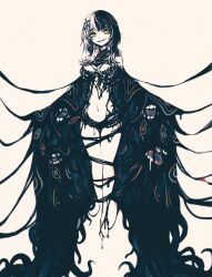 1girl absurdres alternate_costume black_hair breasts commentary english_commentary full_body highres hololive hololive_english large_breasts long_hair looking_at_viewer merpperoni multicolored_hair navel open_mouth shiori_novella slime_(substance) solo split-color_hair two-tone_hair virtual_youtuber white_hair yellow_eyes