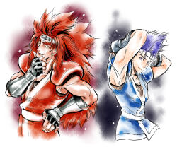 2boys arm_up arms_up blue_hair bracer earrings fingerless_gloves fuuma_kotarou_(world_heroes) gloves grin hand_on_own_chin hand_on_own_hip hanzo_(world_heroes) headband hideta jewelry long_hair looking_at_viewer male_focus multiple_boys ninja red_hair smile spiked_hair thick_eyebrows white_headband world_heroes