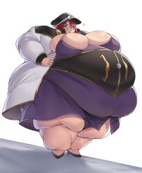 1girl angel_wing_uniform big_belly black_shoes blue_eyes blush cleavage_cutout clothing_cutout coat commission commissioner_upload dasan242 dress epaulettes fat fat_rolls forte_stollen from_below galaxy_angel gold_trim hair_between_eyes hand_on_own_hip hat highres looking_at_viewer monocle obese peaked_cap puffy_sleeves purple_dress red_hair shoes skindentation smug solo underbust white_background white_coat