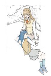 2girls blue_hair blue_shoes blue_socks brown_hair closed_eyes closed_mouth commentary fujino_shizuru fuuka_academy_school_uniform grey_skirt hand_on_another&#039;s_arm hashtag-only_commentary holding_own_arm kuga_natsuki lap_pillow long_hair long_sleeves multiple_girls my-hime outdoors school_uniform shirt shoes skirt sleeping smile socks suiyu tree vest white_shirt yellow_vest yuri