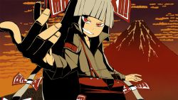 1girl bad_id bad_pixiv_id bow cloud female_focus fujiwara_no_mokou grey_hair hair_bow long_hair outdoors red_eyes sky solo suspenders touhou upper_body volcano yaza