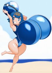 1girl angstrom ass blue_eyes blue_hair breasts closed_mouth female_focus game_freak gigantic_breasts highres lana_(pokemon) nintendo oppai_loli pokemon pokemon_sm short_hair smile source_request swimsuit wide_hips
