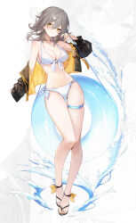 1girl bare_shoulders bikini black_jacket breasts cleavage front-tie_bikini_top front-tie_top full_body grey_hair halterneck hand_up highres honkai:_star_rail honkai_(series) innertube jacket long_hair long_sleeves looking_at_viewer medium_breasts multicolored_jacket navel off_shoulder open_clothes open_jacket parted_lips s0104y sandals side-tie_bikini_bottom skindentation solo stelle_(honkai:_star_rail) stomach swim_ring swimsuit thigh_strap thighs trailblazer_(honkai:_star_rail) two-tone_jacket water white_background white_bikini yellow_eyes zoom_layer