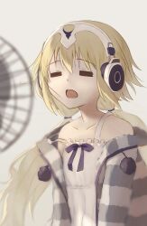 Rule 34 | 1girl, absurdres, anata6350, bare shoulders, blonde hair, blurry, blurry foreground, camisole, closed eyes, coat, coat on shoulders, fate/grand order, fate (series), floating, floating hair, fur-trimmed coat, fur trim, grey sweater, headphones, highres, jeanne d&#039;arc (fate), low twintails, metatron jeanne (fate), metatron jeanne (second ascension) (fate), nightgown, open mouth, simple background, sleepwear, solo, striped clothes, striped sweater, sweater, teeth, twintails, upper teeth only, ventilator, white background, white camisole, wind