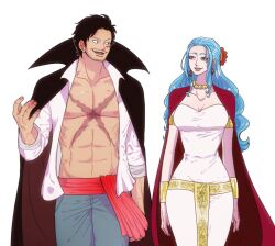 Rule 34 | 1boy, 1girl, abs, aged up, bead necklace, beads, black cape, black eyes, black hair, blue hair, bracelet, cape, earrings, facial hair, facial scar, hair ornament, jewelry, long hair, long sleeves, looking at another, millorart, monkey d. luffy, mustache stubble, necklace, nefertari vivi, one piece, open clothes, open mouth, open shirt, red cape, scar, scar on cheek, scar on chest, scar on face, shirt, short hair, simple background, smile, standing, stubble, teeth, third-party source, white background, white shirt, yellow eyes