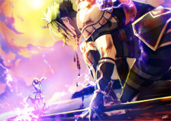 Rule 34 | 2boys, absurdres, achilles (fate), armor, blood, blood on arm, blood on face, centaur, chiron (fate), electricity, fate/grand order, fate (series), fighting, gauntlets, green hair, highres, injury, kuropani cos, multiple boys, polearm, short hair, squatting, taur, weapon