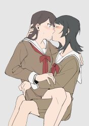 2girls bang_dream! bang_dream!_it&#039;s_mygo!!!!! blue_eyes blush brown_dress brown_hair closed_eyes closed_mouth commentary dress grey_background hand_on_another&#039;s_arm hand_on_another&#039;s_waist hashtag-only_commentary highres kiss long_hair looking_at_another multiple_girls neckerchief purple_eyes r_bishh red_neckerchief sailor_collar sailor_dress shiina_taki simple_background sitting sitting_on_lap sitting_on_person sweatdrop white_sailor_collar yahata_umiri yuri