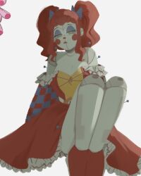 1girl bare_shoulders blue_bow bow checkered_clothes circus_baby_(fnaf) clothed_robot clown cross-laced_clothes cross-laced_top eyeshadow five_nights_at_freddy&#039;s five_nights_at_freddy&#039;s:_sister_location frilled_skirt frills green_eyes hair_bow highres humanoid_robot joints jxitrash legs_together looking_at_viewer makeup midriff_peek no_lineart red_footwear red_lips red_skirt robot robot_girl robot_joints shaded_face shirt skirt solo strapless strapless_shirt twintails wavy_hair white_background