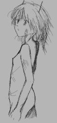 1girl 28lane 39chan :o antenna ass bags_under_eyes completely_nude from_side genderswap genderswap_(otf) grey_background nipples nude open_mouth scar short_hair simple_background sketch solo tsukuyomi_sena utau