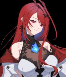 Rule 34 | 1girl, absurdres, ahoge, bare shoulders, blue fire, breasts, dress, earrings, elizabeth rose bloodflame, elizabeth rose bloodflame (1st costume), fire, head tilt, highres, hololive, hololive english, huge ahoge, jewelry, large breasts, long hair, ogye 01, red eyes, red hair, smile, solo, upper body, very long hair, virtual youtuber