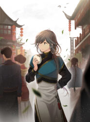 1girl 3boys absurdres architecture steamed_bun chinese_empire commission cowboy_shot east_asian_architecture eating falling_leaves food grey_hair highres lantern leaf long_hair looking_to_the_side mandarin_collar multiple_boys original paper_lantern pixiv_commission ponytail prince_hongzhou qing_dynasty satomoi solo_focus standing tassel